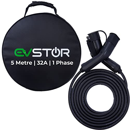 EVSTOR EV/Electric Vehicle Charging Cable | Type 1 to Type 2 | 5 metre | 32 Amp | Single Phase | 7.6KW | J1772 to IEC 62196-2 | Mode 3 | FREE Carry Bag (5 metre)