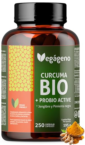 Cúrcuma con Jengibre y Pimienta Negra Bio – 250 Cápsulas con Probióticos (200 millones de UFC) y Prebióticos (Inulina Orgánica) – Curcumina y Piperina – VEGAGENO