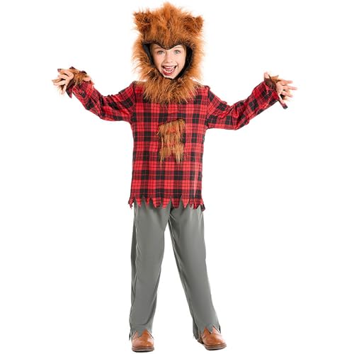 Disfraz de hombre lobo para niños, Halloween, cosplay, temática de animales, vestido de fiesta, carnaval, perchero (marrón, M)