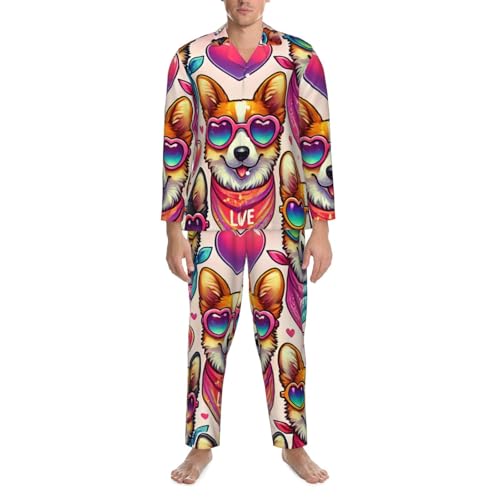 Mens Long Sleeves Pajama Set Colorful Dogs Love Sunglass Cozy Two-Piece Loungewear For Nighttime Comfort,Casual Wear4