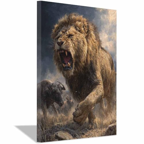 Tableau lion en colère poster encadré brun motif moderne 40x60cm