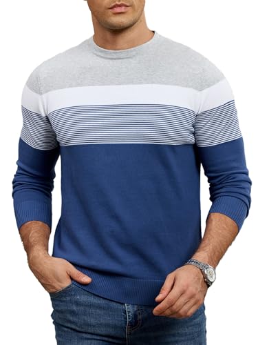 Image of Genfien Men's Crew Neck Jumper Classic Autumn Knitwear Sweater Lightweight Striped Knitwear Sweater Autumn 100% Cotton Blue