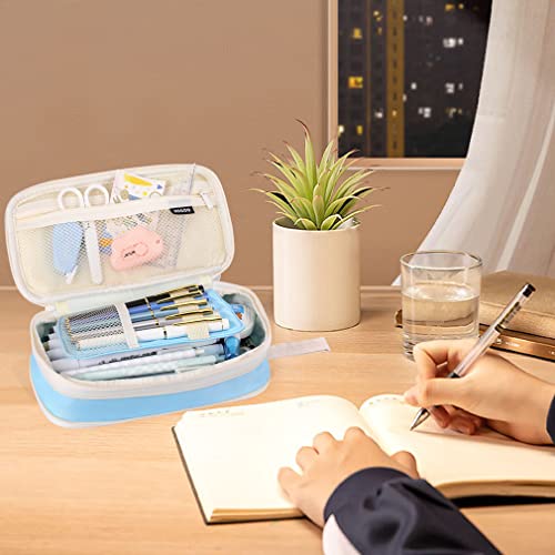 Image of iSuperb Large Capacity Pencil Case Light Blue Pencil Pouch Portable Pen Bag with 2 Compartments Pen Organizer Gifts for School Teen Boys Girls Men Women