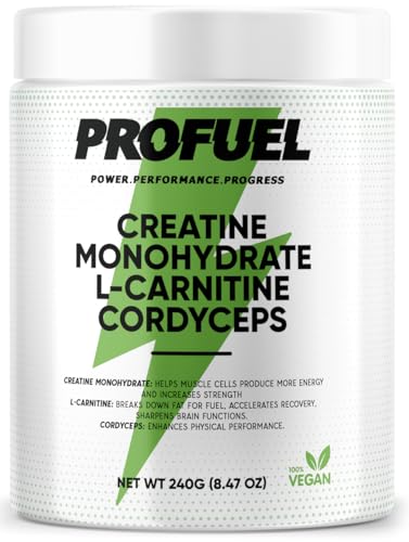 PROFUEL Creatine, L-Carnitine & Cordyceps Powder - 240g - Increase Strength & Performance - Gym Supplement for Men & Women