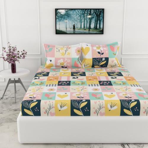 Image of LORETO - A QUALITY LINEN BRAND 186 TC 100% Pure Cotton King Size Fitted Bedsheet with 2 Pillow Covers for 78 x 72 Inch Mattress, All-Around Elastic, 8 Inch Deep Pocket, Pastel Garden