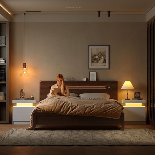 I-Aplus A02-1*2 Nightstand Set Of 2 Led Nightstand With 2 Drawers, Bedside Table With Drawers For Bedroom Furniture, Side Bed Table With Led Light, White thumb #8