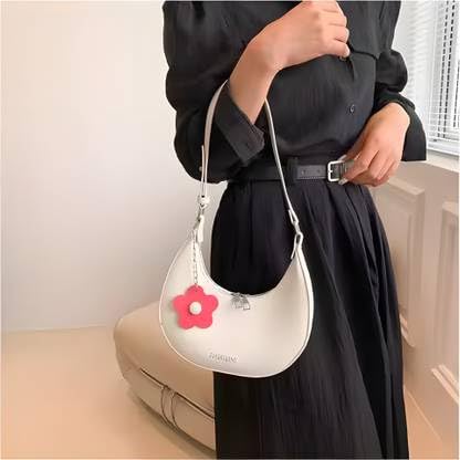 Image of Trendy Women's Shoulder Sling Bag with Flower Charm | Lightweight PU Leather Handbag for Daily Use | Stylish Hobo Bag with Adjustable Strap