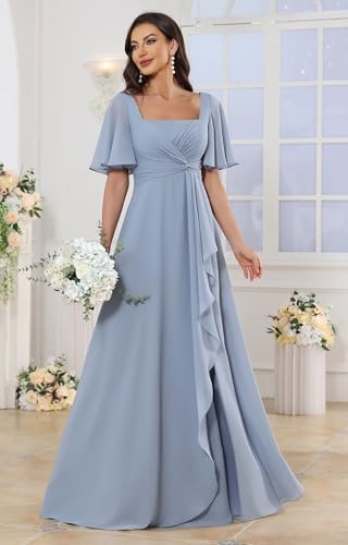 Square Neck Flutter Sleeve Bridesmaid Dresses for Women Long Slit A Line Chiffon Formal Evening Gown4