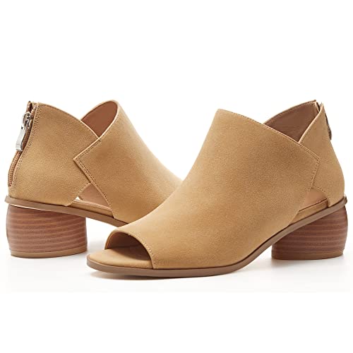 LAICIGO Womens Heeled Sandals Peep Toe Ankle Boots Chunky Heels V Cut Back Zipper Mid Heel Faux Suede Dress Pumps Shoes