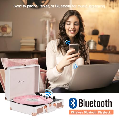Image of 3-Speed Vinyl Record Player Turntable Portable Suitcase with Bluetooth, Rechargeable Battery, Aux /RCA /Headphone Jacks, Compact Retro Design for Vinyl Lovers