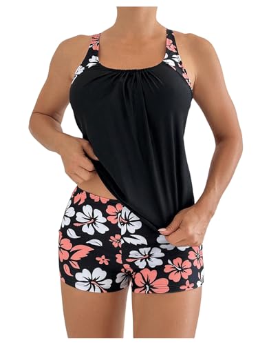 SOLY HUX Women's Tankini Swimsuits 2 Piece Floral Swim Tank Top with Shorts Bathing Suits Summer Beachwear
