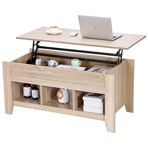VIVOHOME Lift Top Coffee Table, Dining Table with Hidden and 3 Open Storage Compartment, Suitable for Living Room, Office, Small Apartment, Light Brown VIVOHOME Lift Top Coffee Table, Dining Table with Hidden and 3 Open Storage Compartment, Suitable for Living Room, Office, Small Apartment, Light Brown
