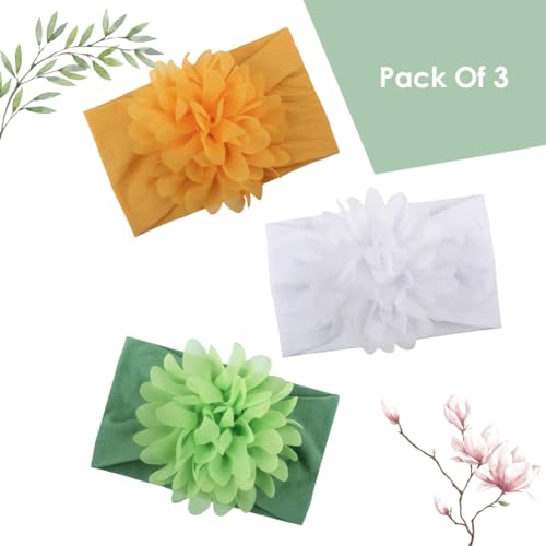 Image of SYGA PACK OF 3Headbands Nylon Flower Soft Stretchable Hairband for Newborn Infant Toddler Kids For 0-3 Year (White-Khaki-Green)