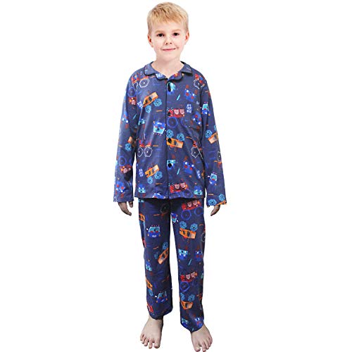 Pyjama 2 pièces pour garçons et filles - Long boutonné - Col encoche - Pour enfants de 5 à 12 ans, Camion bleu., 8 ans Cover