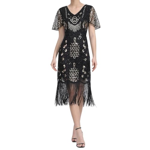 Robe Charleston des années 1920 à franges et sequins noirs pour soirée rétro