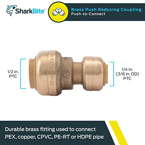 Sharkbite 1/4 Inch (3/8 Inch Od) X 1/2 Inch Reducing Coupling, Push To Connect Brass Plumbing Fitting, Pex Pipe, Copper, Cpvc, Pe-Rt, Hdpe, U050Lfa #TOP1