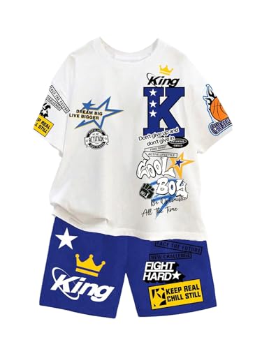 Image of BEAUDRM Boy's 2 Piece Outfits Graphic Crewneck Short Sleeve T shirt and Track Shorts Summer Clothing Sets