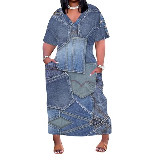 Image of SUZONANA Plus Size Denim Print Shirt Maxi Dresses for Curvy Women Casual Blue Jean Summer Outfits Long Short Sleeve Dress with Pockets Patchwork 4XL