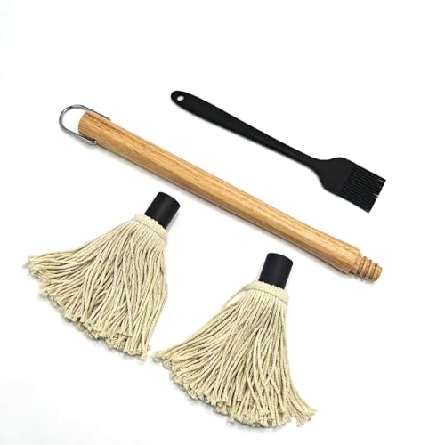 15.5in Basting Mop Brush for BBQ Grilling - Wooden Handle Detachable with 2 Replacement Heads &Silicone Brush - Grill Tools for Outdoor Cooking Camping Smoking