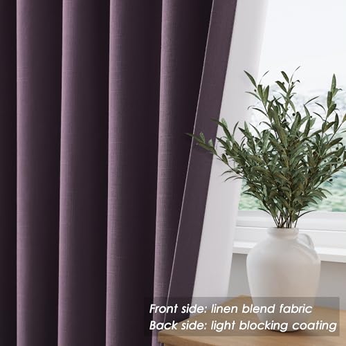 Image of Plum 100% Blackout Linen Curtains for Bedroom 102 Inches Long Back Tab Thermal Insulated Luxury Modern Boho Decor Black Out Curtain for Living Room Dining Room Office Drapes 52x102, 2 Panels