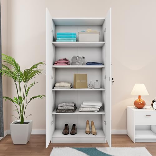 Image of VIKI Wardrobe | Jiufen Wardrobe | Wooden Almirah for 2 Door Wardrobe with 4 Shelves (Frosty White - 40D x 80W x 180.8H) | 1 Year Warranty | Free Assembly