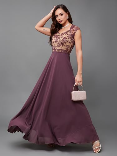 Image of Miss Chase Women's Round Neck Cap Sleeves Lace Knee -Long Skater Dress