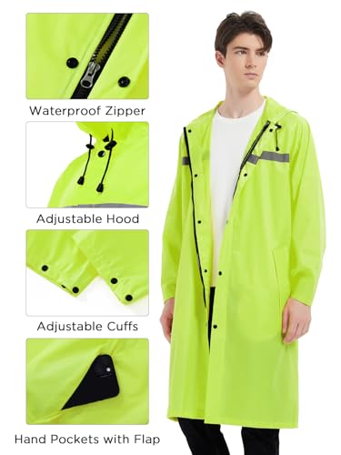 Image of Mens Long Safety Rain Coats with Air Vents Reflective Stripes Waterproof Packable Rain Jacket with Hood Lightweight