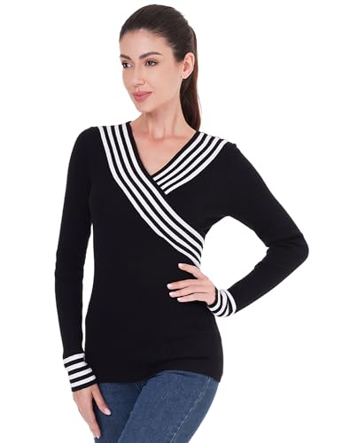 AmélieBoutik Women V Neck Sexy Faux Wrap Slim Fitted Striped Trim Long Sleeve Sweater Top3