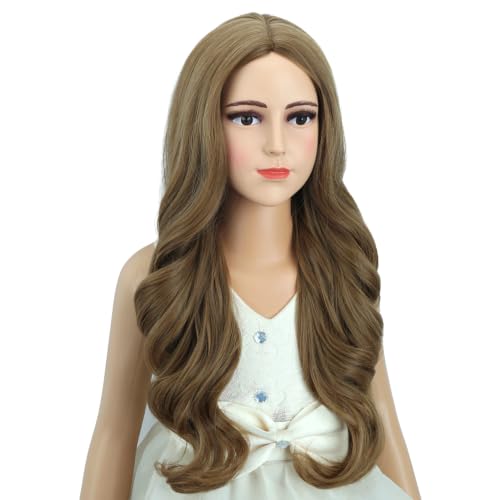 Image of Ginger Wig for Kids Children Long Light Brown Wavy Curly Wig Girls Long Ginger Middle Part Wigs Heat Resistant Synthetic Wigs with Cap