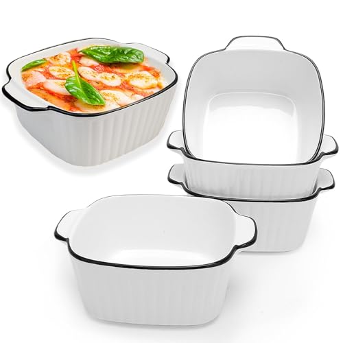 Set di 4 Pirottini da Forno in Ceramica, Set di Piccole Pirofila in Ceramica 400 ML, 14,9x11,5x5,7 CM Piatti da Forno Quadrati, Pentole in Ceramicas con Manici, per Microonde, Friggitrice ad Aria