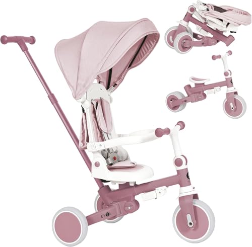 Olmitos - Triciclo Evolutivo de Bebé 5 en 1 EVOL - Bicicleta Niños de 1 a 5 años - De Triciclo a Bicicleta con o sin Pedales – Respaldo, Barra Seguridad y Capota (Rosa)