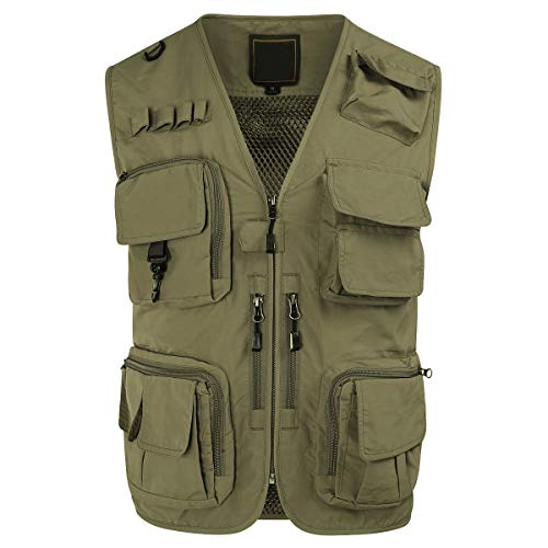 YOUTHUP Gilet de Pêche pour Hommes à l'extérieur avec Multi-Poches Gilet Léger Respirant à Séchage Rapide pour Pêche en Camping, Kaki, L Cover