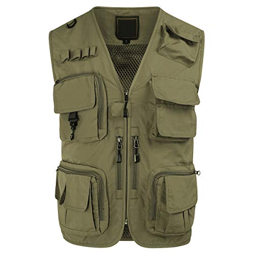 YOUTHUP Gilet de Pêche pour Hommes à l'extérieur avec Multi-Poches Gilet Léger Respirant à Séchage Rapide pour Pêche en Camping, Kaki, L