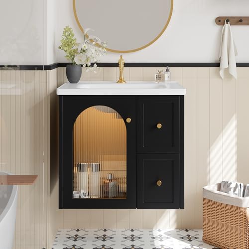 Yihomfy Meuble lavabo Mural 60.5 cm avec Vasque en céramique, Petit Meuble sous-Vasque avec Porte Vitrée Cannelée et Éclairage LED, Deux Tiroirs de...