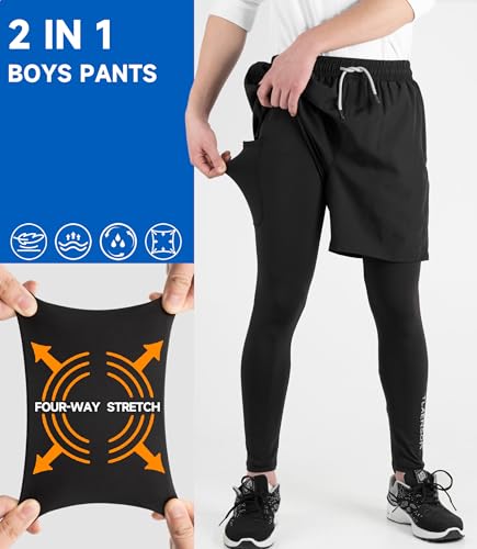 TLAENSON Boys Athletic Shorts with Leggings Kids 2 in 1 Football Pants with Zipper Pockets4