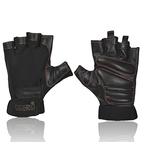 USI UNIVERSAL 733ST Stealth Fitness Gym Gloves, Workout Powerlifting Gloves, Microfiber, Textured Leather Palm (Large, Black)