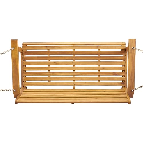 Porch Swing 2-Seater, Classic Slat Design Hanging Chair with Durable Acacia Frame, Water-Resistant Outdoor Swing Bench with Hanging Chains for Patio, Garden, Teak Color(Pillpw is not Included)