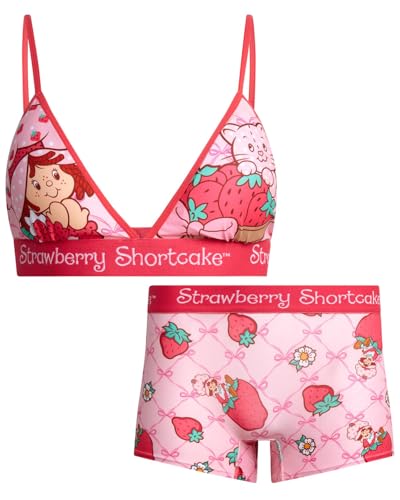 COCO BRANDS Womens Underwear Set - 2 Piece Snoopy Strawberry Shortcake Bralette Bras for Women & Boys Shorts Panty Set, Size Large, Strawberry Shortcake Pink Berry