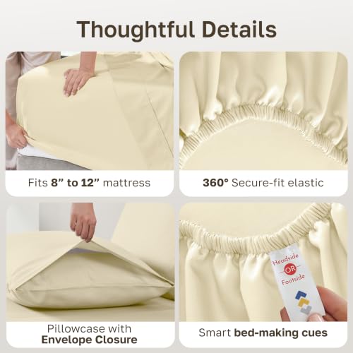 Image of Soft Natural 100% Cotton Sateen XL Twin Bed Sheets, 3 Pc Set, Butter