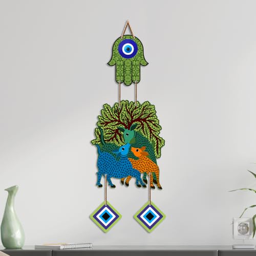 Image of Artvibes Tree of Life Deer Family Evil Eye Wall Hanging Decor | Nature Inspired Nazar Battu Protection Ornament | Rustic Spiritual Accent for Home Entrance | Living Room | Gift Item (WH 85146N)