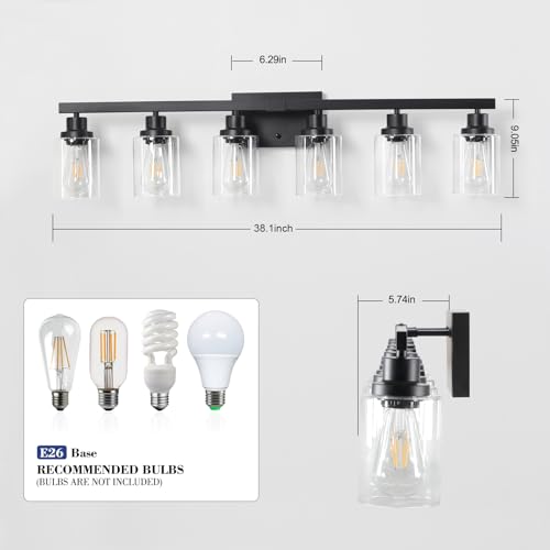 Image of 6-Light Black Vanity Lights 38'' Modern Bathroom Vanity Lighting Fixtures Above Mirror? Industrial Matte Bathroom Light Fixtures, Bath Wall Light Fixtures, Black Wall Sconces