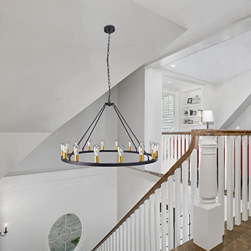 Wellmet Black Gold Wagon Wheel Chandelier 47 inch, 16 Lights Modern Farmhouse Extra Large Round Pendant Light Fixture Rustic Industrial Country Style Lighting for Dining Room, Living Room, Foyer - Image 4