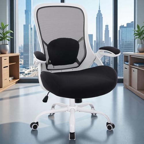 Image of HYLONE 400lbs Heavy Duty Office Chair, 5 inch Thickened Seat Ergonomic Desk Chair with Adjustable Armrests, Home Office Computer Chairs for Long Hours Mesh Executive Chair(White Base&Black)