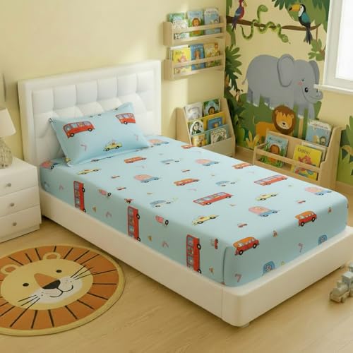 Image of Filymore Kids Single Bed Sheet Set - Cartoon Bus Theme, 240 TC Soft Microfiber, Includes 1 Pillow Cover, Single Bed Bedspread (90x60 in), Sky Blue and Red Colour