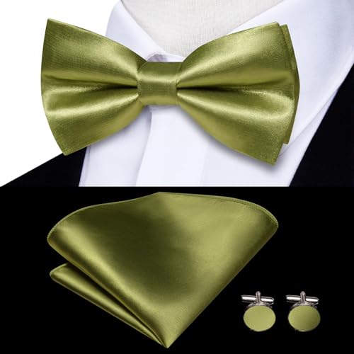 Image of Hi-Tie Olive Green Satin Suspender Bowtie Set for Men Suspenders Pre-tied Bow Tie Pocket Square Cufflinks Adjustable Y Shape 6 Clips Braces Tuxedo