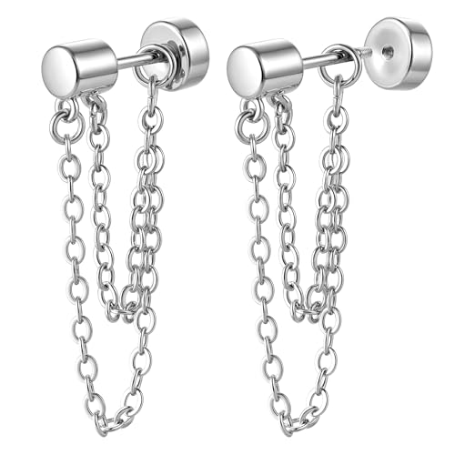 BodyBonita 1 Paire Boucles d'Oreilles Femme à Chaîne à Fond Plat, Argent 925 Aiguille Clous d'Oreilles Pendantes Hypoallergéniques en Argent Plaquées Or 16K pour...