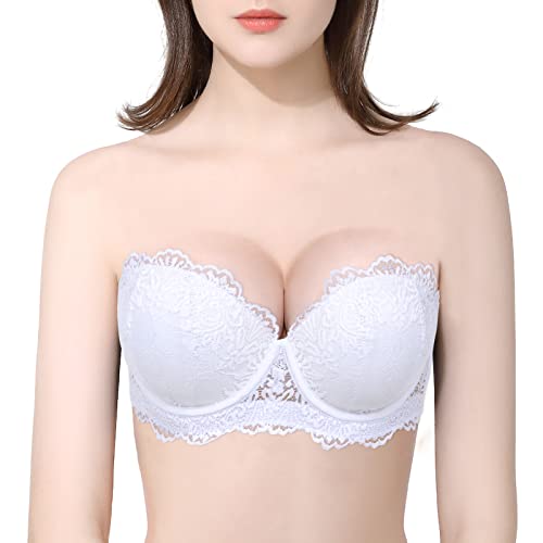 YBCG Push Up Strapless Convertible Clear Straps Balconette Lace Padded Add 2 Cups Underwire Sexy Bra White 38B