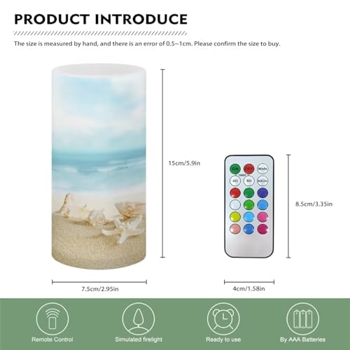 Image of Flameless LED Candles Battery Operated Candles with Remote Control Timer Flickering Effect Pillar Candle Coastal Beach Theme Home Bathroom Indoor Decoration, Beach Starfish Conch