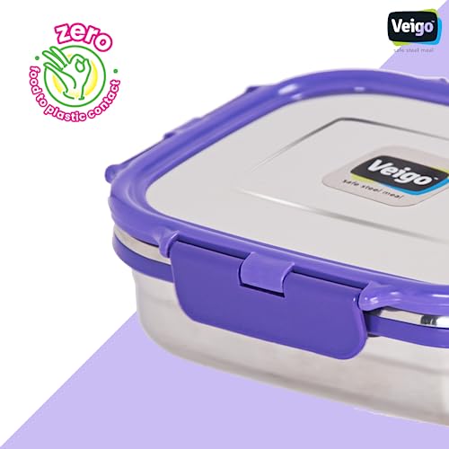 Image of Veigo Original Set Pack of 3 Stainless Steel Airtight & Leakproof Medium Lunch Box with Silicon Ring & Polymer Frame for Re-Heating|Safe Lid Lock|Square (330ML) Violet Purple