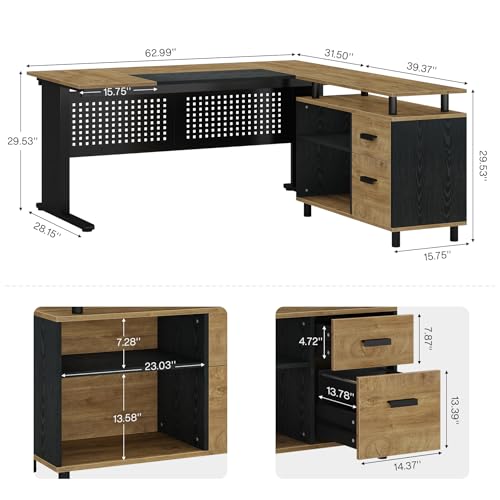 Image of Tribesigns 63 Inch Executive Desk with File Cabinet, Large Office Desk L Shaped Computer Desk with Drawers and Storage Shelves, Business Furniture Desk for Home Office, Wood Color and Black